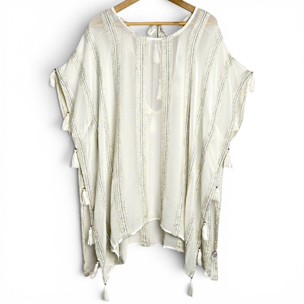 surf gypsy cream boho kaftan tassel cover up coastal resort beach vacation top s